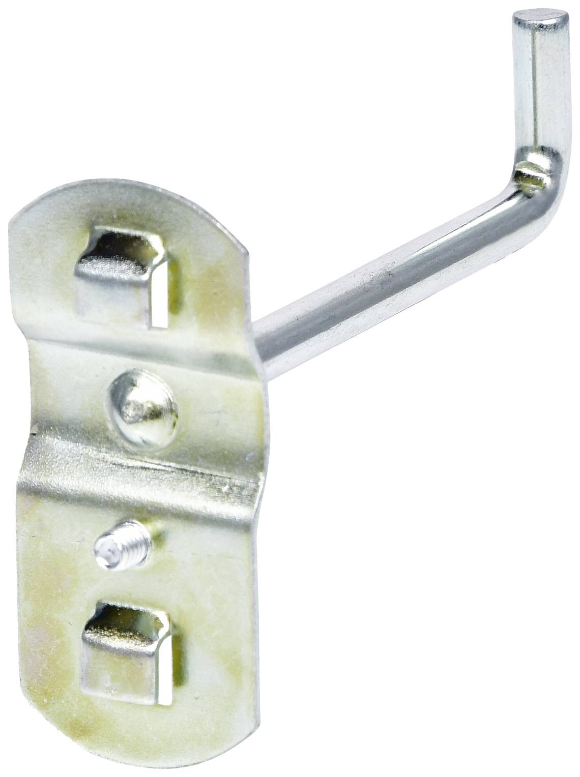 Metallhaken in rechteckiger Halterung, geeignet zur Wandmontage oder Befestigung für Werkzeuge und Zubehör in einer Werkstatt.