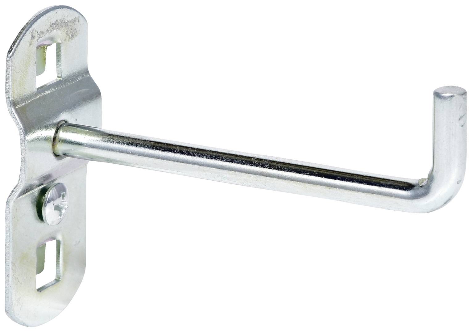 Silberfarbener Metallhaken mit L-förmigem Design und zwei Befestigungslöchern an der Basis, geeignet für Wand- oder Regalaufhängung.