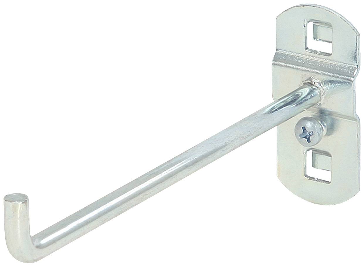 Metallhaken an einer Halterung mit zwei quadratischen Löchern, geeignet zum Aufhängen von Werkzeugen oder anderen Gegenständen.