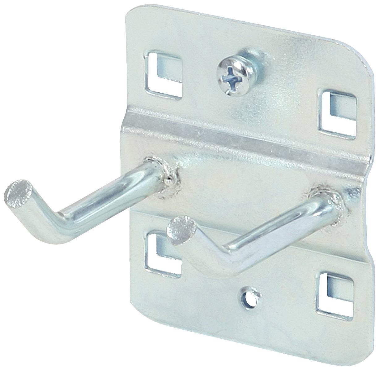 Metallhaken an einer rechteckigen Halterung mit vier Befestigungslöchern und einer Schraube in der Mitte.