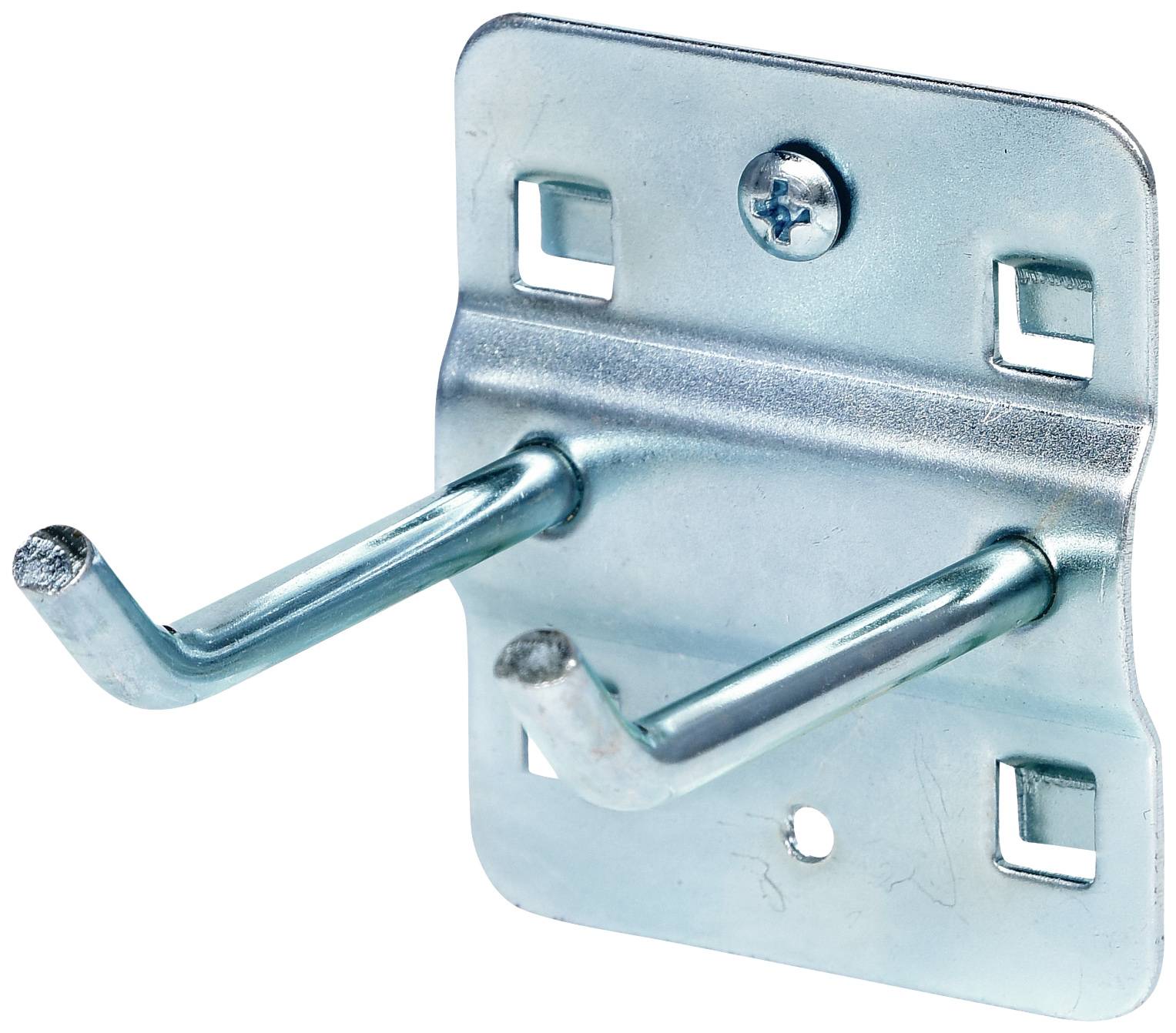 Metallhaken zur Wandmontage mit zwei Haken, geeignet zum Aufhängen von Werkzeugen oder anderen Gegenständen.