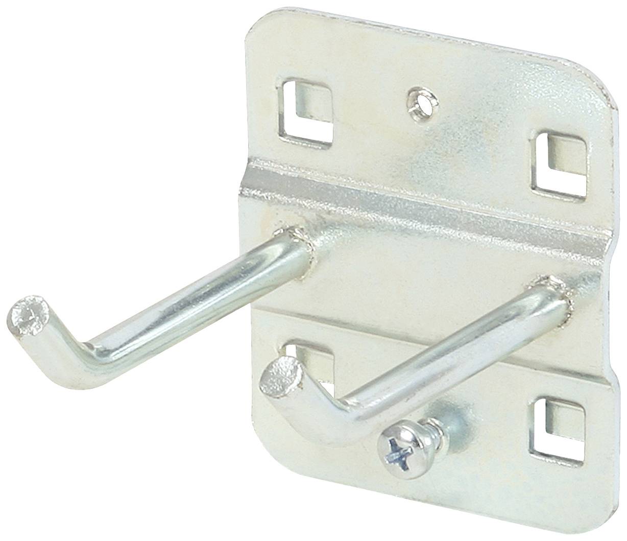 Zwei Metallhaken an einer rechteckigen Montageplatte, geeignet zur Befestigung an der Wand für das Aufhängen von Werkzeugen.