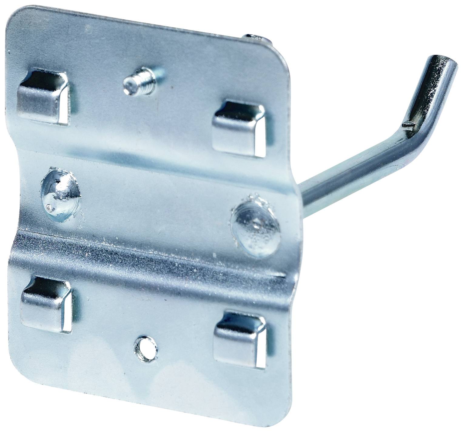 Metallhakenhalterung aus silbernem Stahl zur Wandmontage, mit seitlichem Haken für Aufhängung. Ideal für Lagerung oder Organisation.