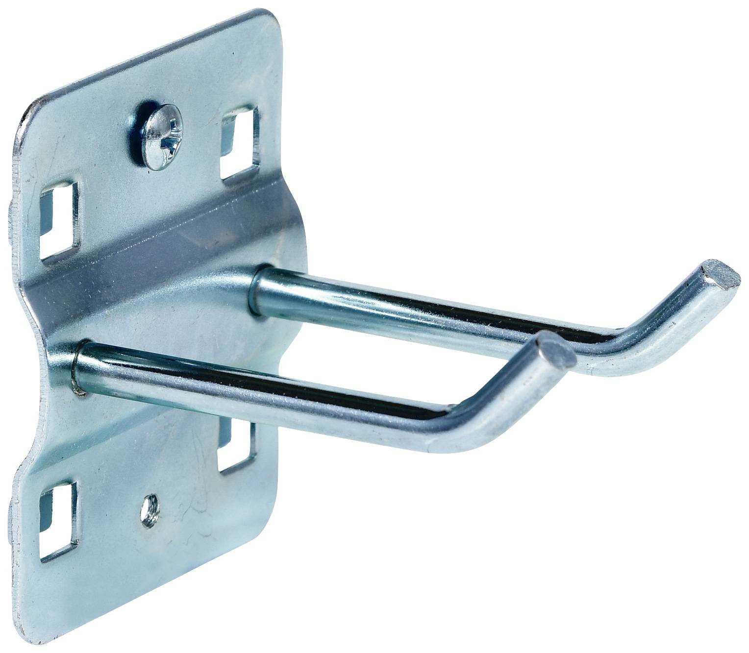 Metallhaken mit zwei gebogenen Armen, an einer rechteckigen Platte mit vier Befestigungslöchern montiert.