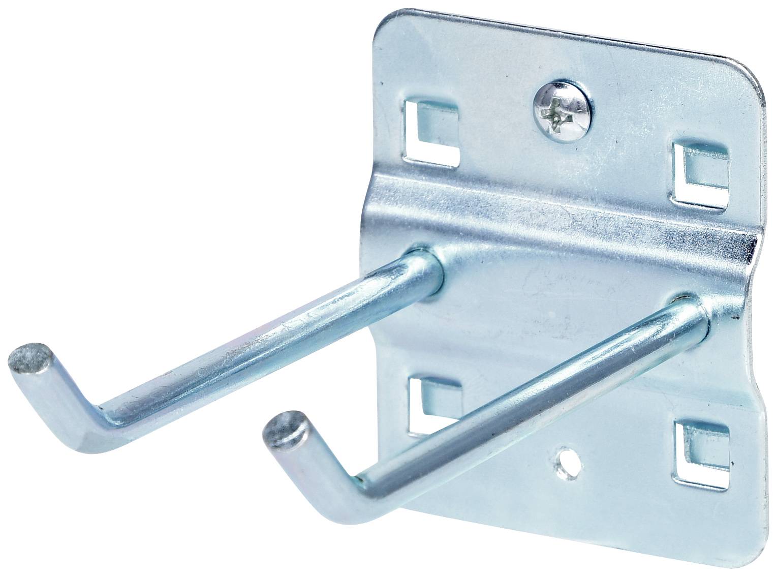 Metallischer Haken mit zwei Armen, an einem rechteckigen Befestigungsteil mit fünf Bohrungen befestigt, zur Wandmontage geeignet.