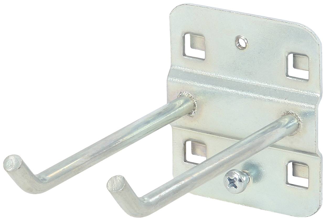 Metallbefestigung mit zwei hervorstehenden Haken, geeignet zur Wandmontage für die Aufhängung von Werkzeugen oder Geräten.