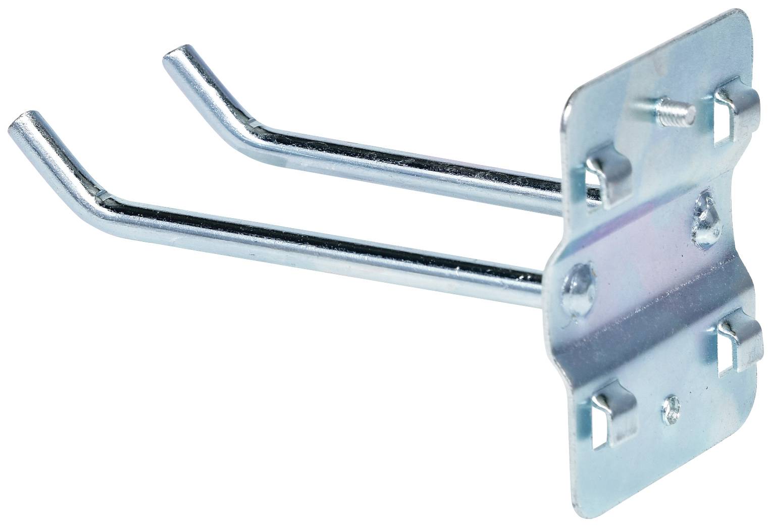 Metallhaken mit zwei gebogenen Stangen an einer rechteckigen Platte, geeignet zur Wandmontage, meist für Werkzeugaufhängung.