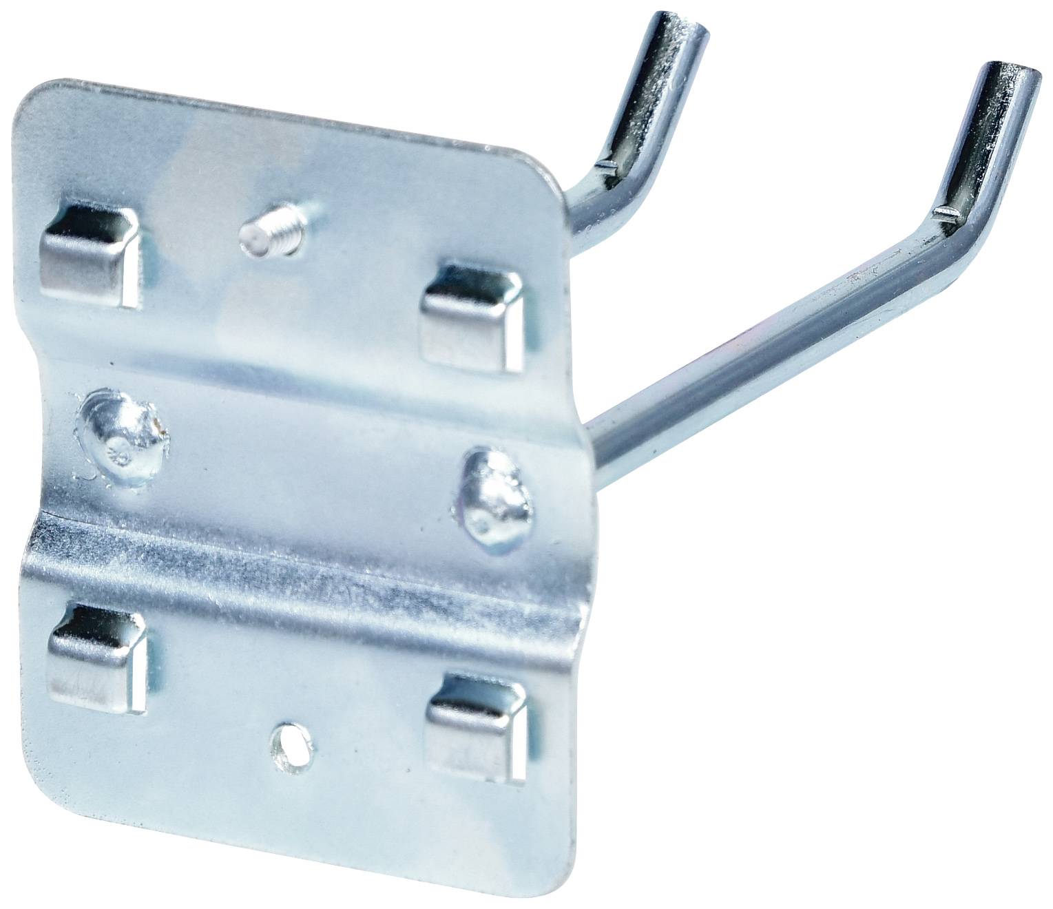 Metallhaken mit rechteckiger Befestigungsplatte und zwei gebogenen Armen zur Wandmontage, geeignet zum Aufhängen von Gegenständen.