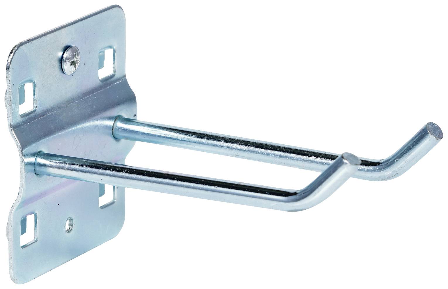 Metallischer Haken zur Wandmontage mit doppelseitiger Aufhängung, geeignet für Werkzeuge oder Zubehör, auf weißem Hintergrund.