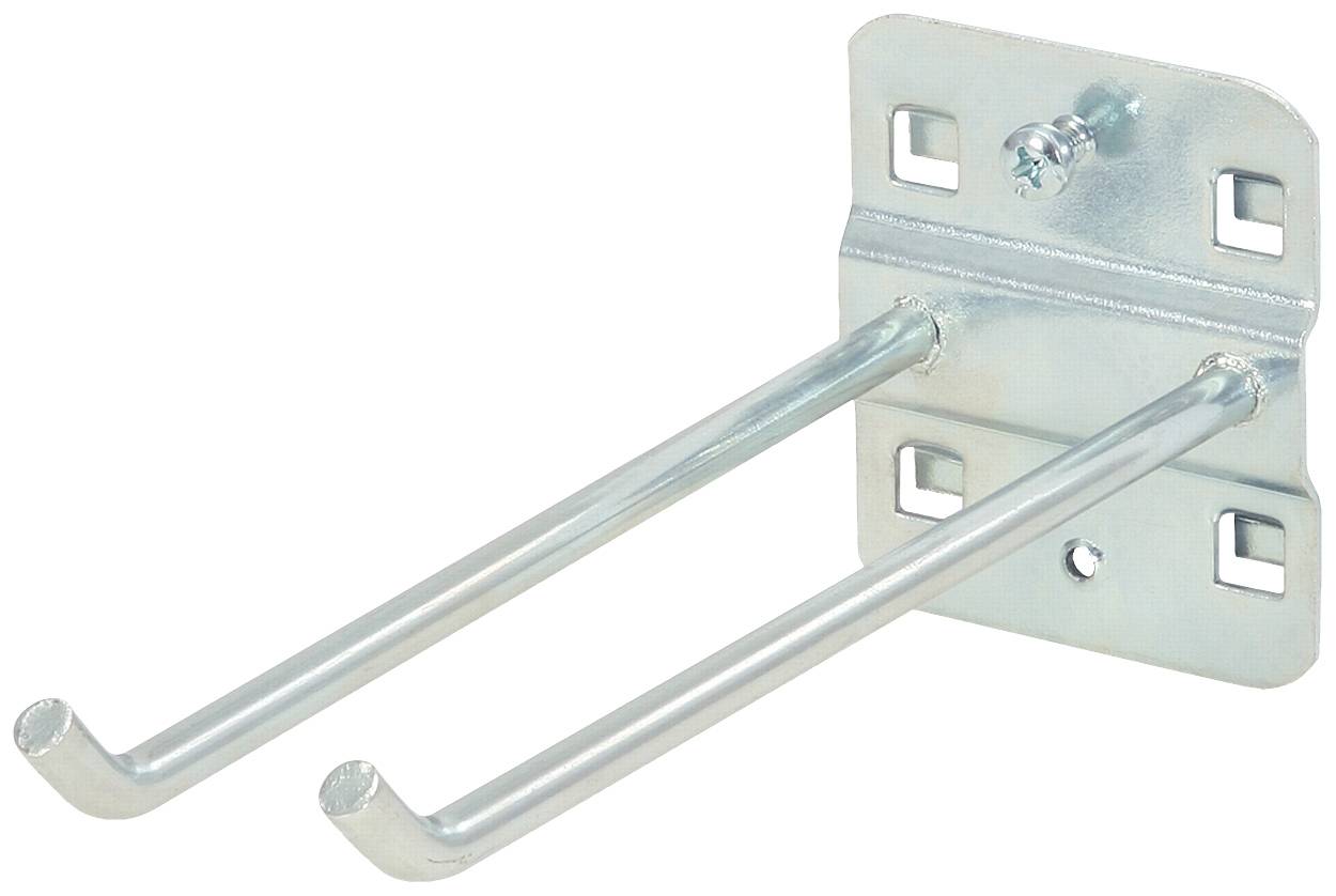 Metall-Haken mit zwei Armen zur Wandmontage, geeignet für die Aufbewahrung von Gegenständen wie Werkzeugen oder Gartengeräten.