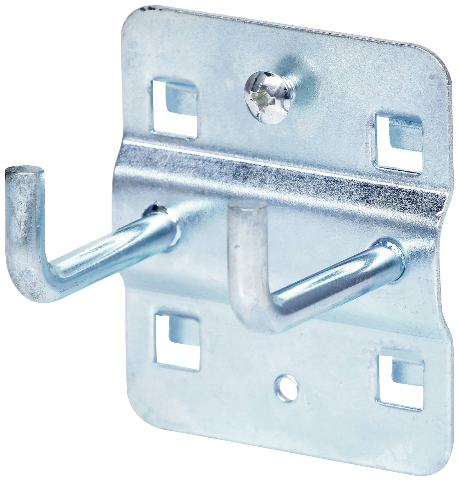 Metallhaken zur Wandmontage mit zwei gebogenen Halterungen. Geeignet zum Aufhängen von Werkzeugen oder anderen Gegenständen.