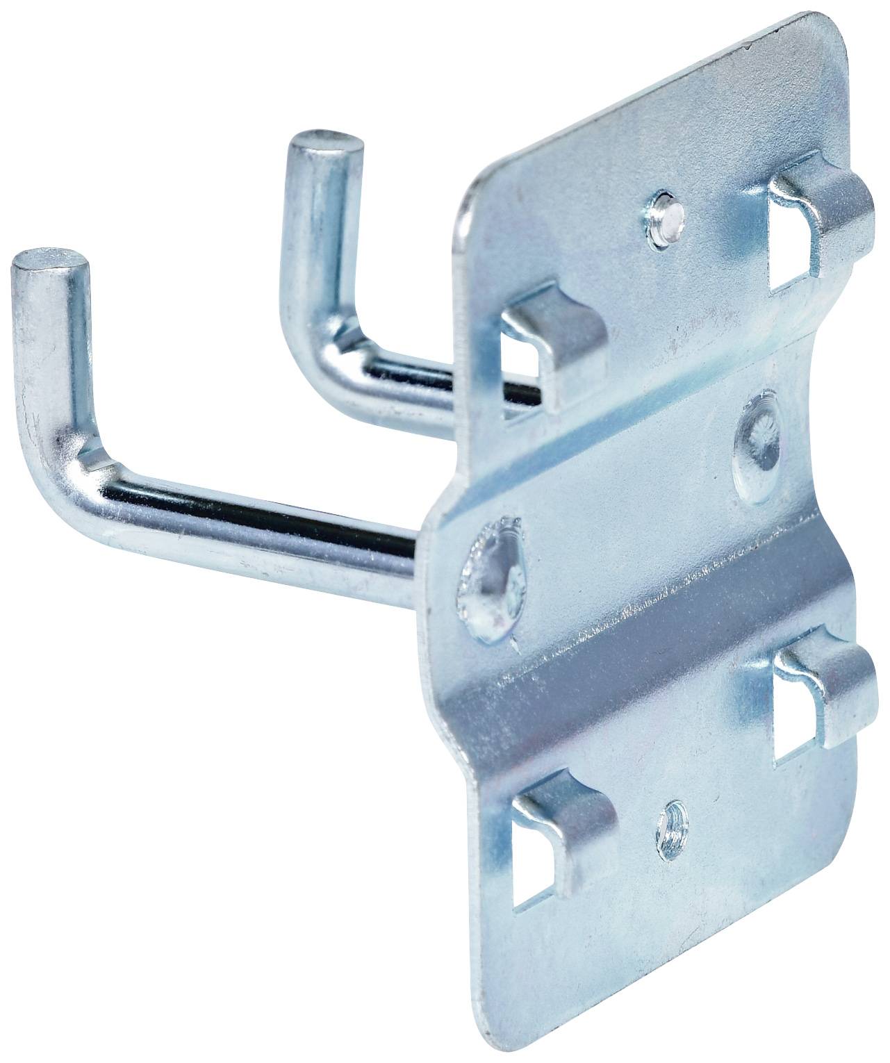 Zweifacher Metallhaken zur Wandmontage, geeignet zum Aufhängen von Werkzeugen oder ähnlichen Objekten, aus gebürstetem Stahl.