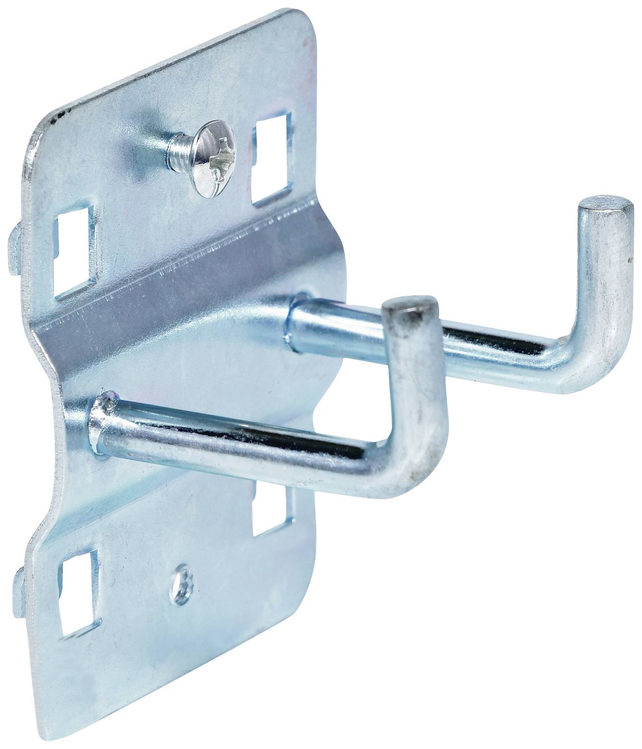 Metallhaken an einer Wandhalterung. Ideal zur Aufbewahrung von Werkzeugen oder Gartenutensilien. Robust und einfach zu montieren.