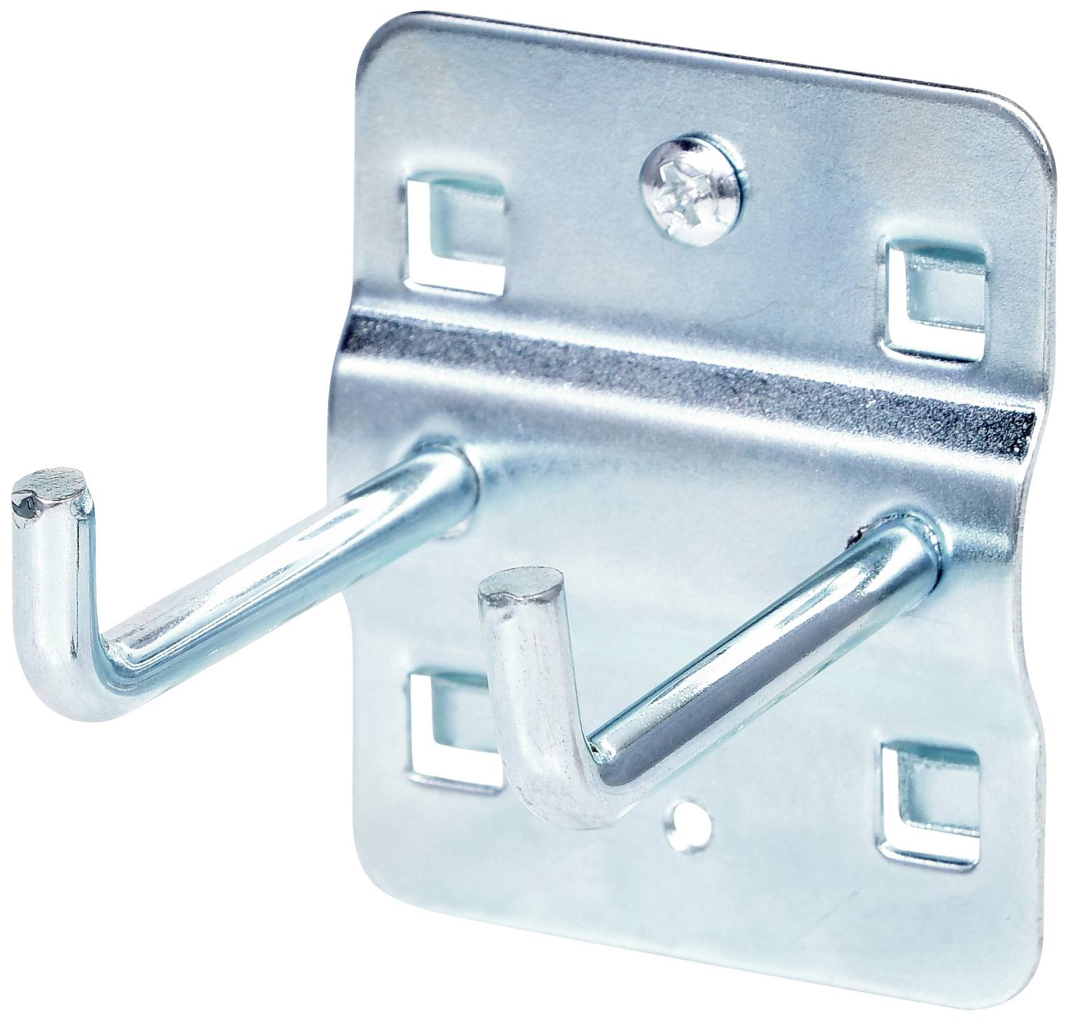 Metallhaken mit zwei gebogenen Armen auf einer rechteckigen Platte, die mit einer Schraube befestigt ist. Geeignet zum Aufhängen von Gegenständen.