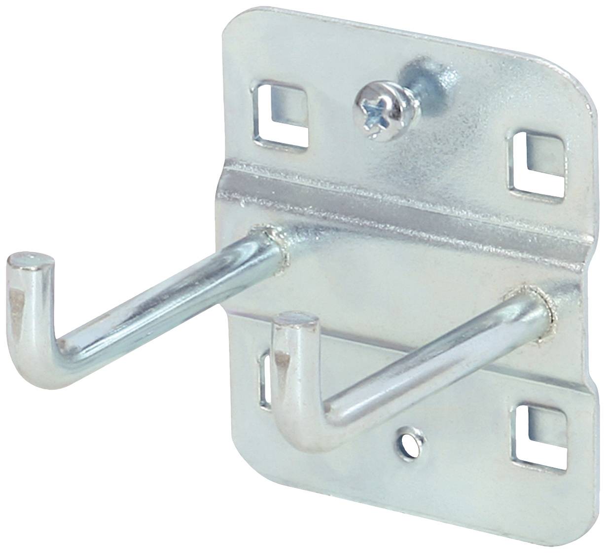 Ein silberner Doppelhaken aus Metall, an einer rechteckigen Halterung befestigt, mit vier Löchern zum Anbringen an der Wand.