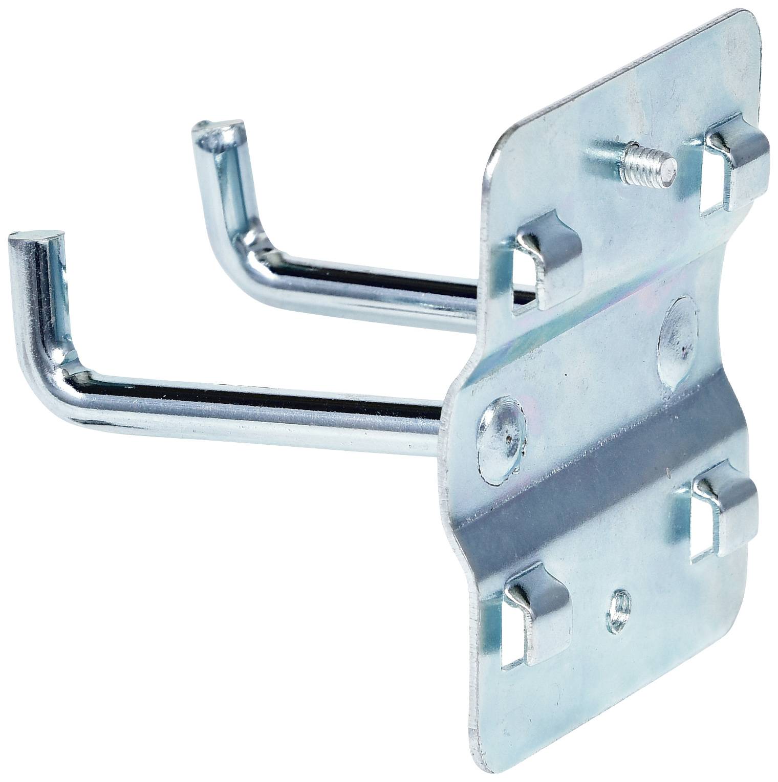 Metallwandhalterung mit zwei Haken, geeignet zur Befestigung von Gegenständen an einer Wand.