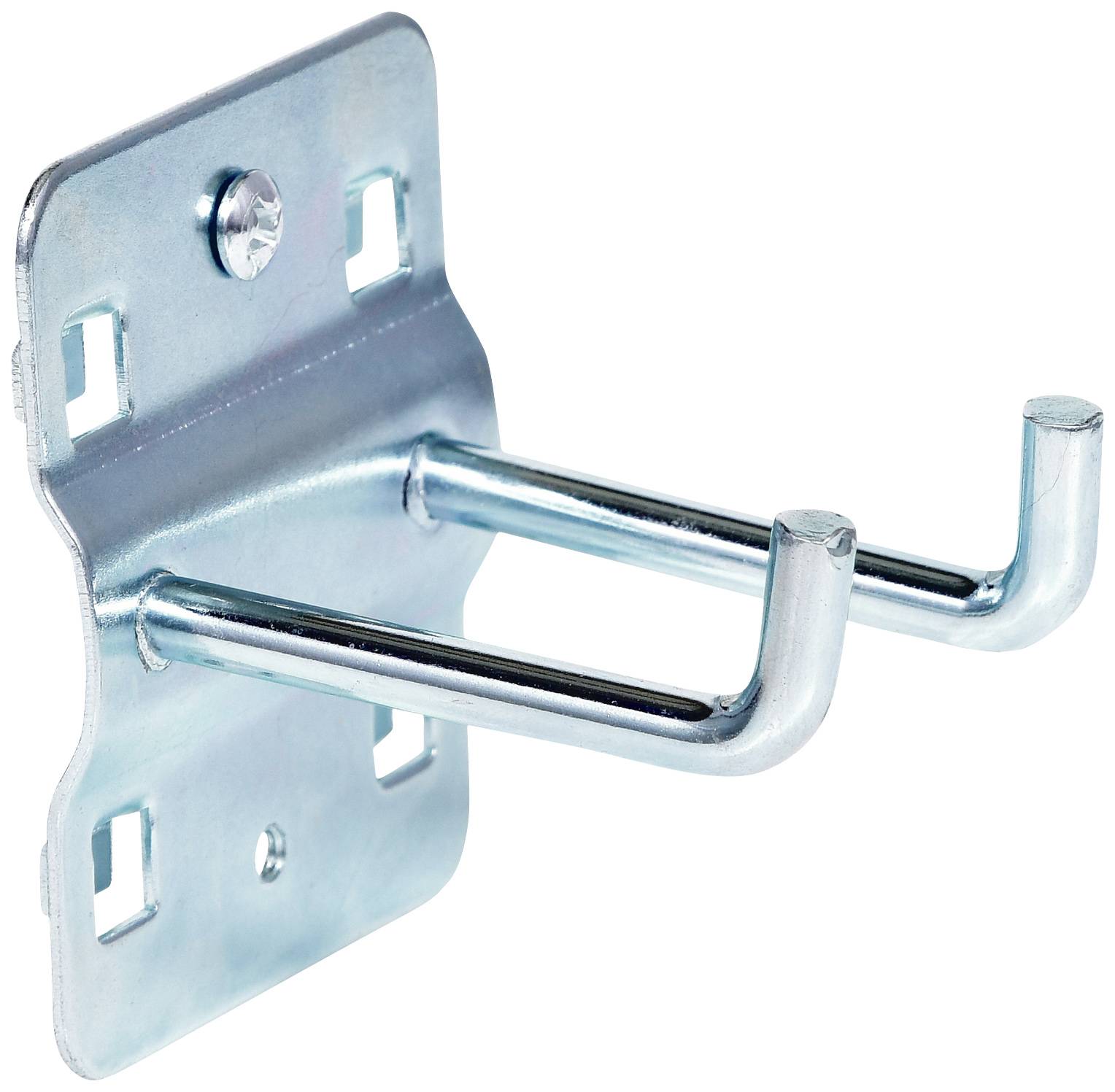 Metallhaken zur Wandmontage, mit zwei nach vorn gebogenen Armen für hängende Aufbewahrung, geeignet für Werkzeug oder ähnliches.