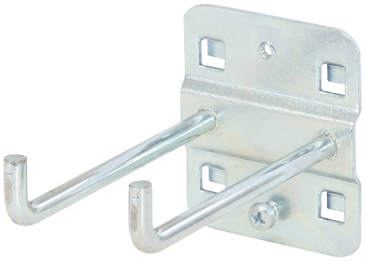 Metall-Hakenleiste mit zwei Haken, zur Wandmontage vorgesehen. Silberfarben und robust, geeignet zum Aufhängen von Werkzeugen oder Zubehör.