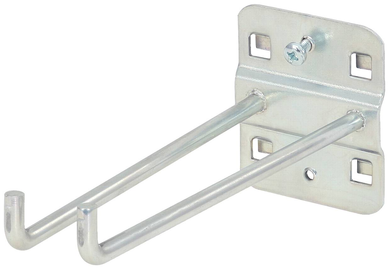 Zweiarmiger Metallhaken, an einer rechteckigen Wandhalterung montiert. Geeignet zum Aufhängen von Werkzeugen oder Geräten.