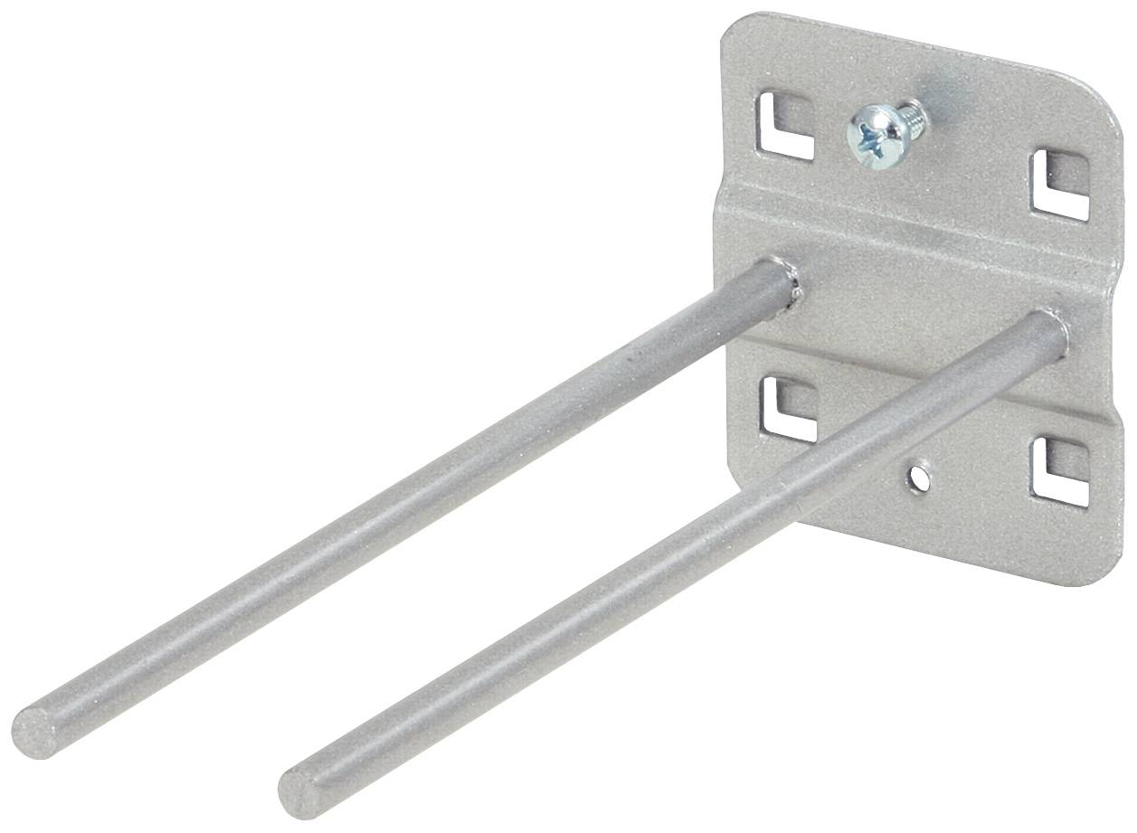 Eine Metallhalterung mit zwei langen Stäben, die an einer rechteckigen Basis befestigt ist, geeignet für die Wandmontage.