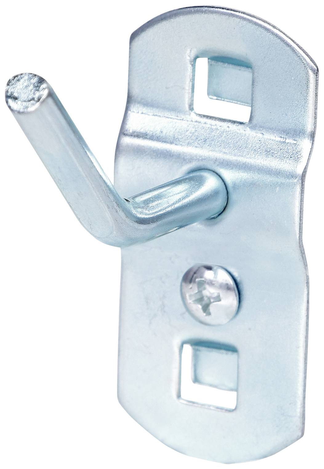 Metallhaken an einer Wandhalterung mit Schraube, geeignet zum Aufhängen von leichten Gegenständen.