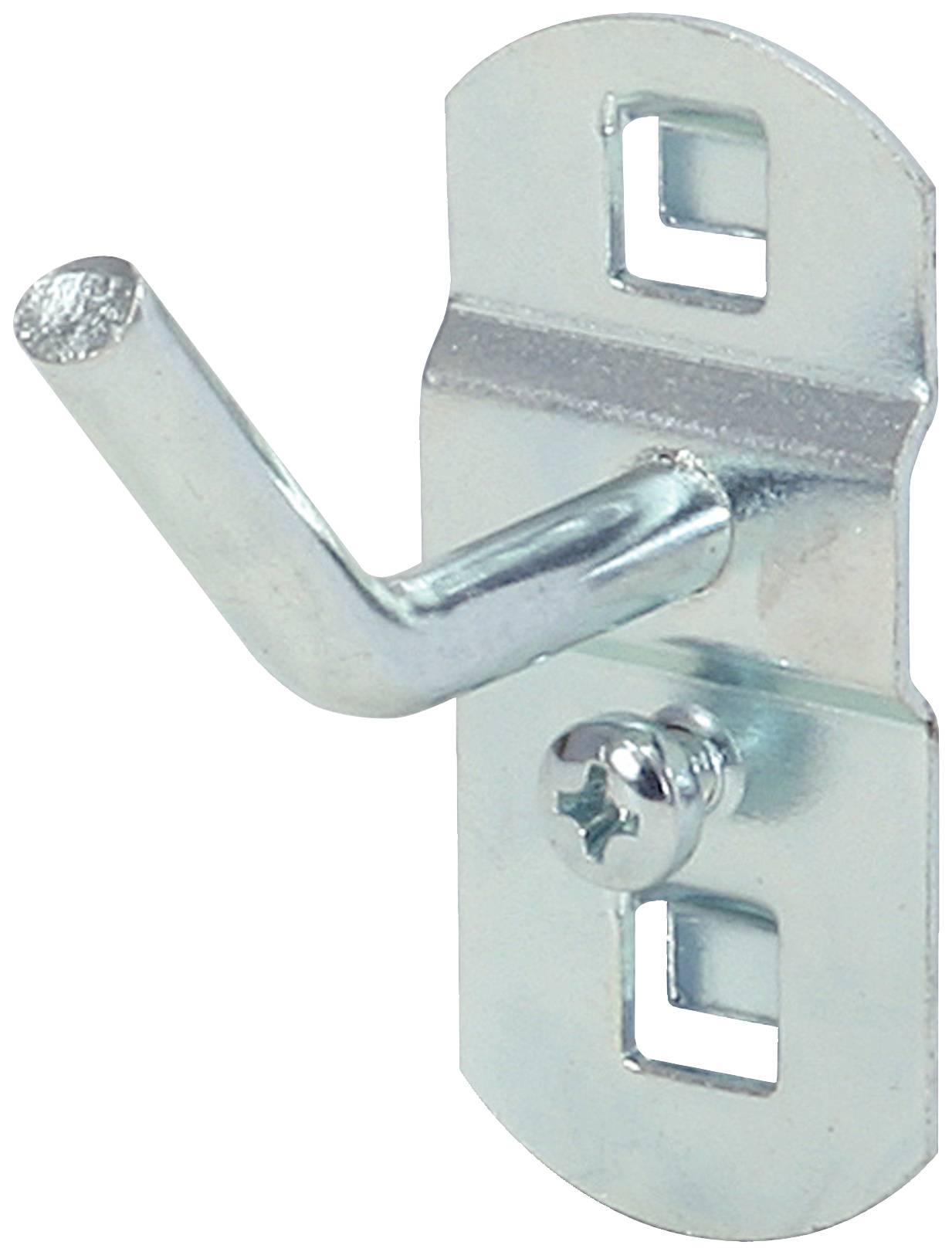 Metallwinkelhalterung mit zwei rechteckigen Öffnungen und einem abgewinkelten Haken, befestigt durch eine Kreuzschlitzschraube.