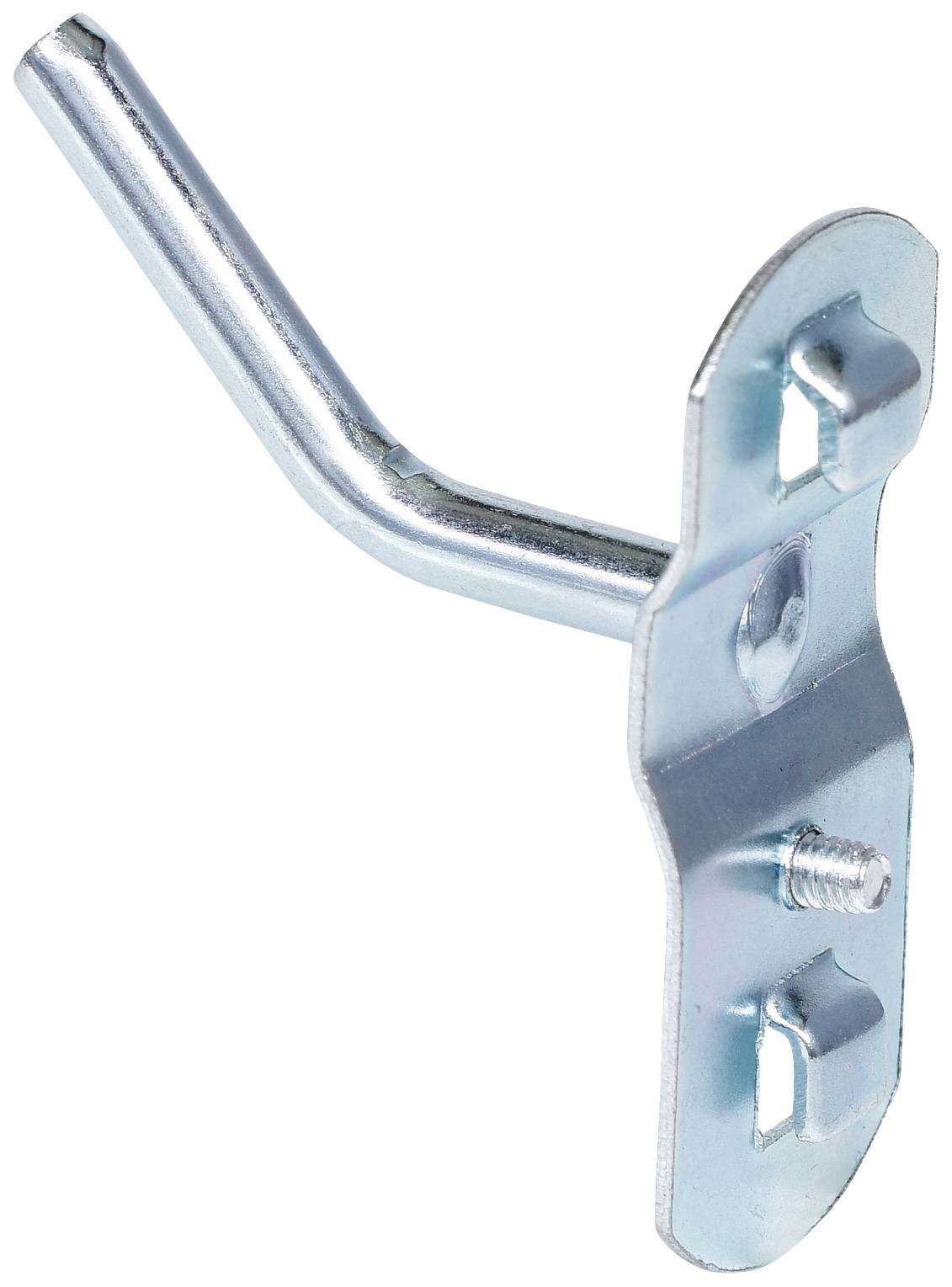 Metallischer Haken mit zwei Schraubenlöchern zur Befestigung an der Wand, geeignet zum Aufhängen von Gegenständen.