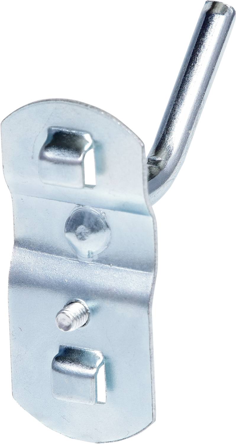 Metallhaken in L-Form mit Schraubloch, silberfarben, zur Befestigung an einer Oberfläche. Geeignet für Regale oder Werkzeuge.