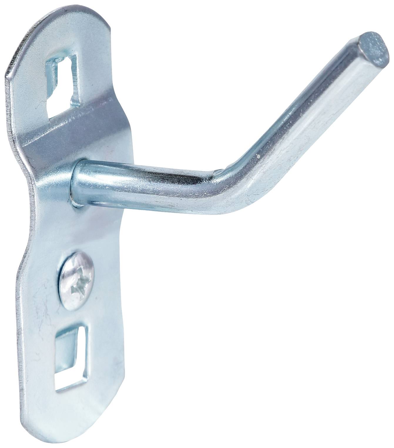 Metallhaken mit Wandplatte, glänzend, zur Befestigung an einer Oberfläche. Geeignet zum Aufhängen von Gegenständen.