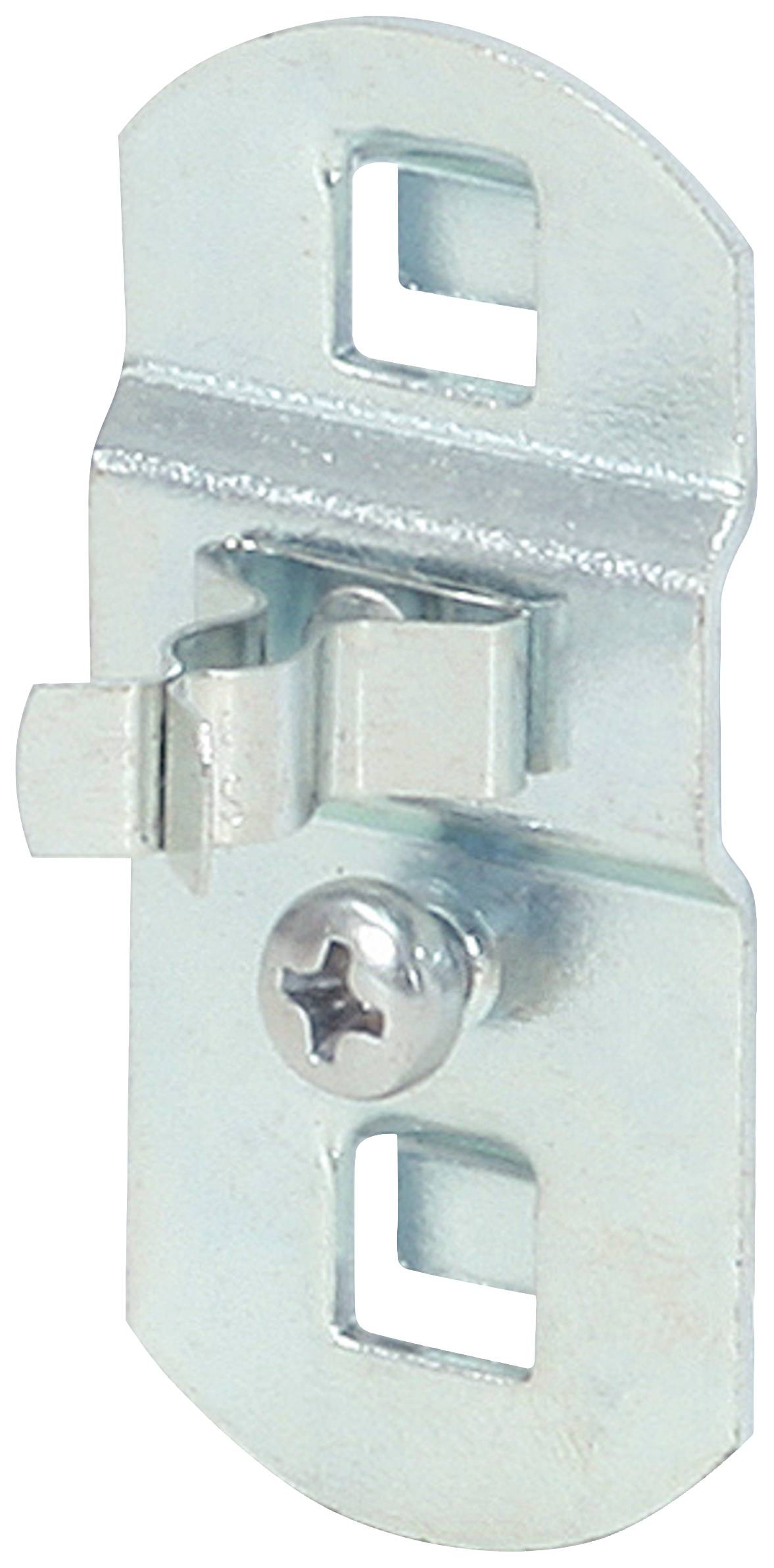 Ein verzinktes Metall-Bauteil mit zwei rechteckigen Löchern und einer zentralen Schraube, geeignet für Verbindungs- oder Befestigungszwecke.