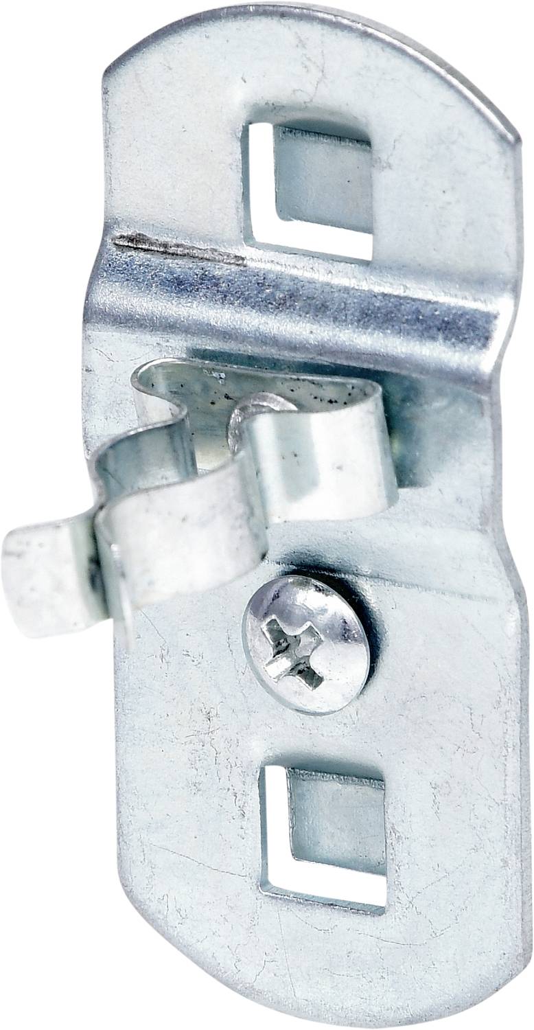 Metallverschluss mit Schraubhalterung und zwei rechteckigen Löchern, geeignet für Möbel- oder Geräteverbindungen.