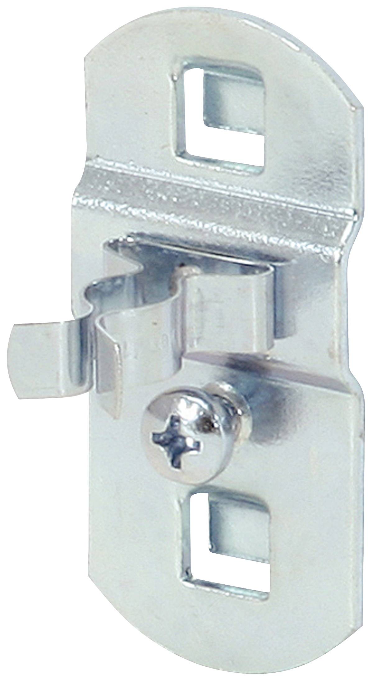 Metallene Halterung mit zwei rechteckigen Löchern und einer Schraube in der Mitte. Geeignet für Wand- oder Möbelmontage.