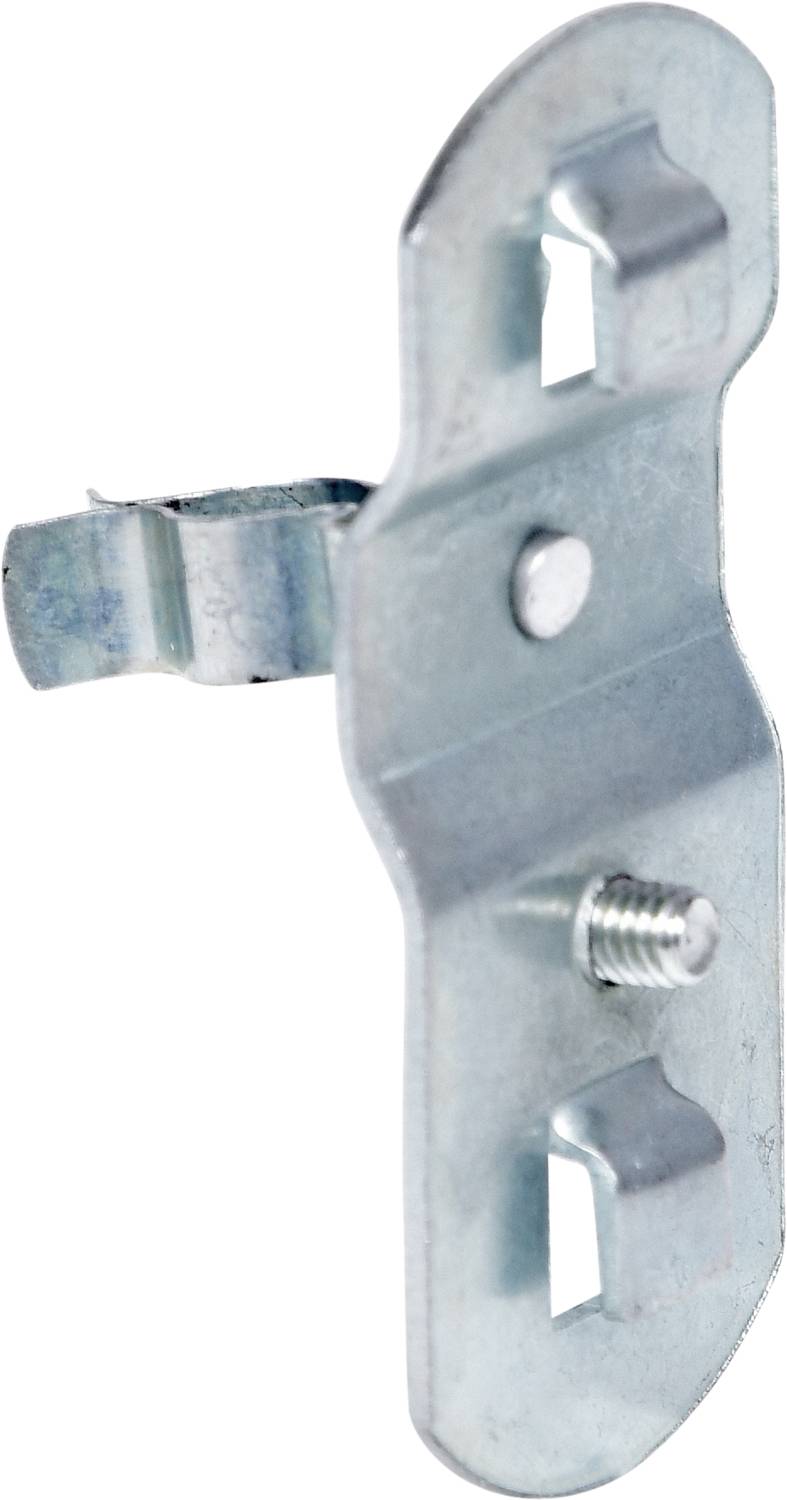 Metallwinkel mit gebogenem Befestigungsstreifen, rechteckigen Löchern und Schraube. Verwendet zur Befestigung oder Verbindung von Bauteilen.