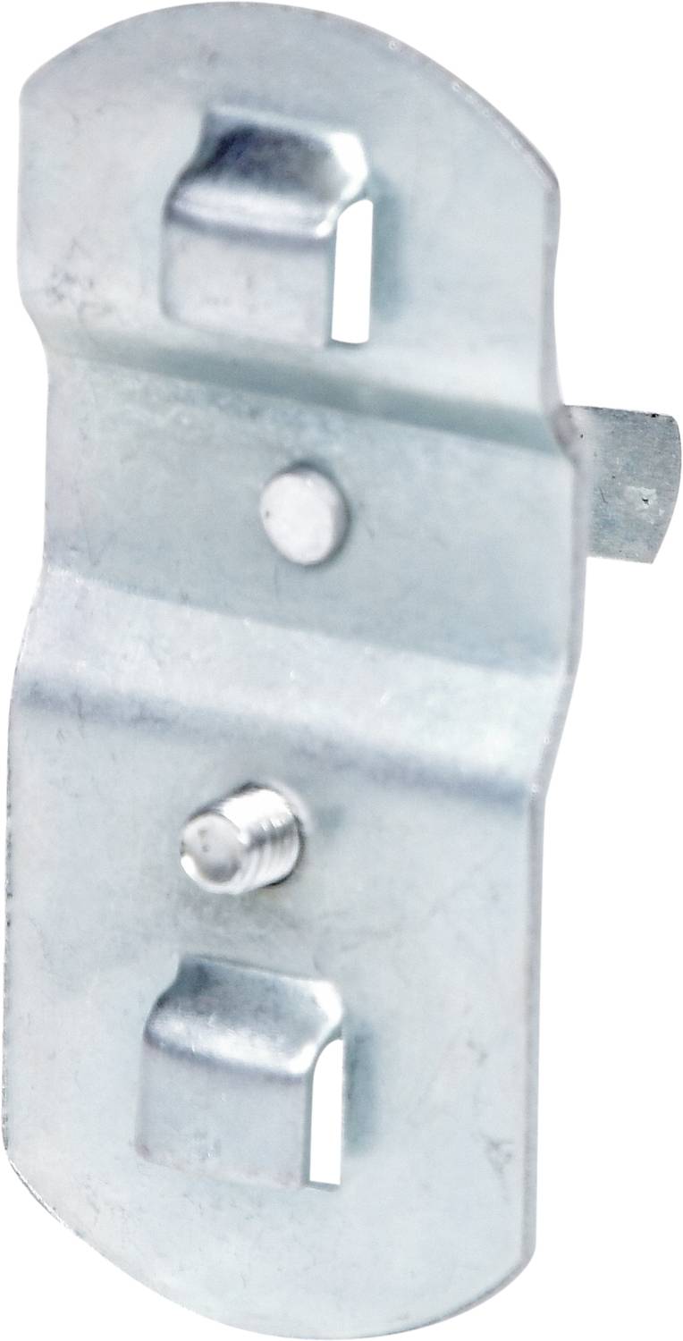 Metallklammer mit Befestigungshaken und Schraube, geeignet zur Sicherung von Materialien auf Oberflächen.