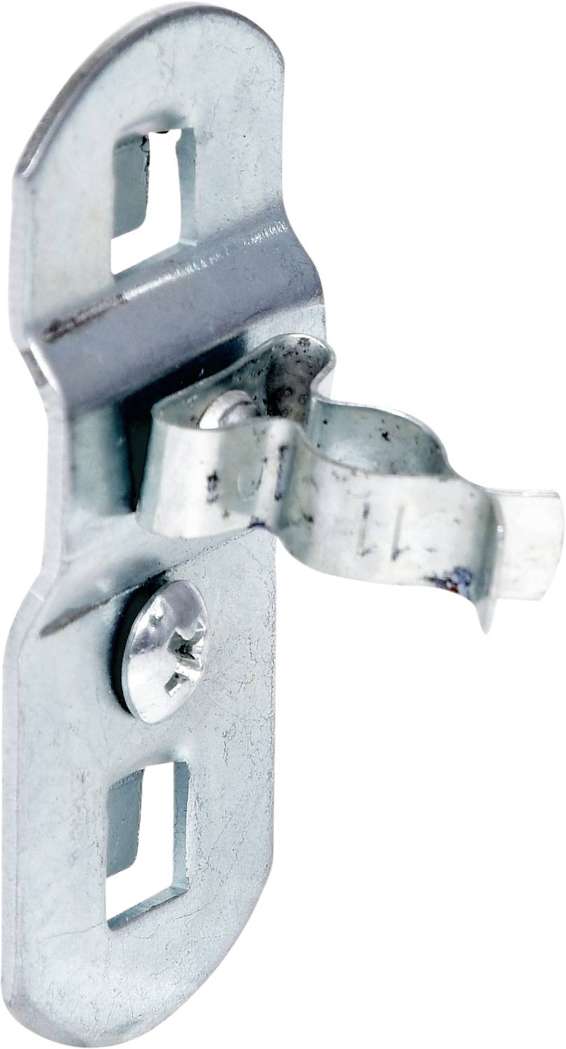 Metallclip-Halterung mit gebogenem Haken zur Wandbefestigung. Enthält zwei rechteckige Löcher zur Befestigung mit Schrauben.