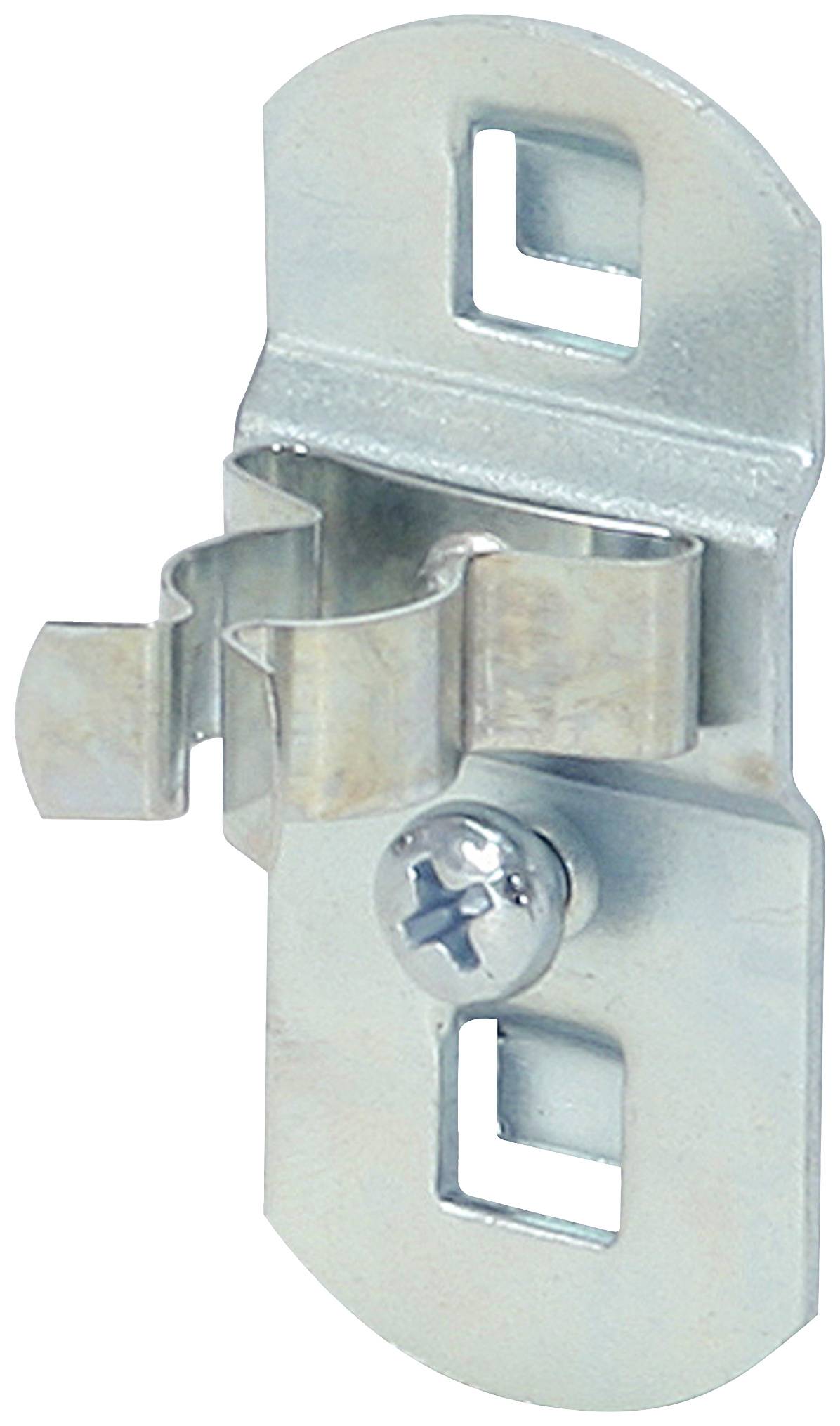 Metallhalterung mit Schraube, rechteckige Form mit abgerundeten Kanten, zwei rechteckige Öffnungen zur Befestigung.