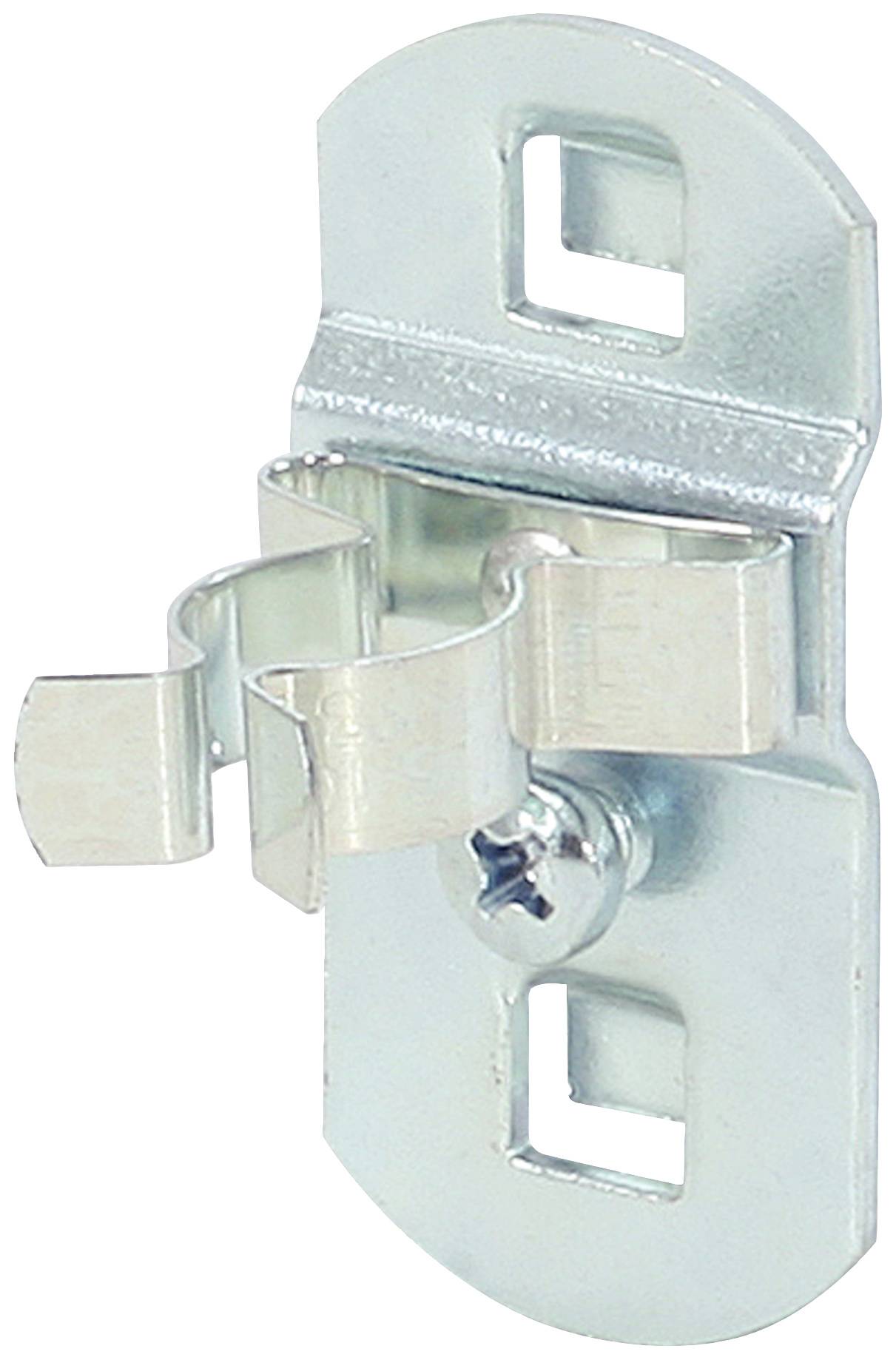 Metallcliphalterung mit Schraube. Verwendet zur Befestigung von Objekten an Oberflächen, mit zwei rechteckigen Öffnungen zur Justierung.