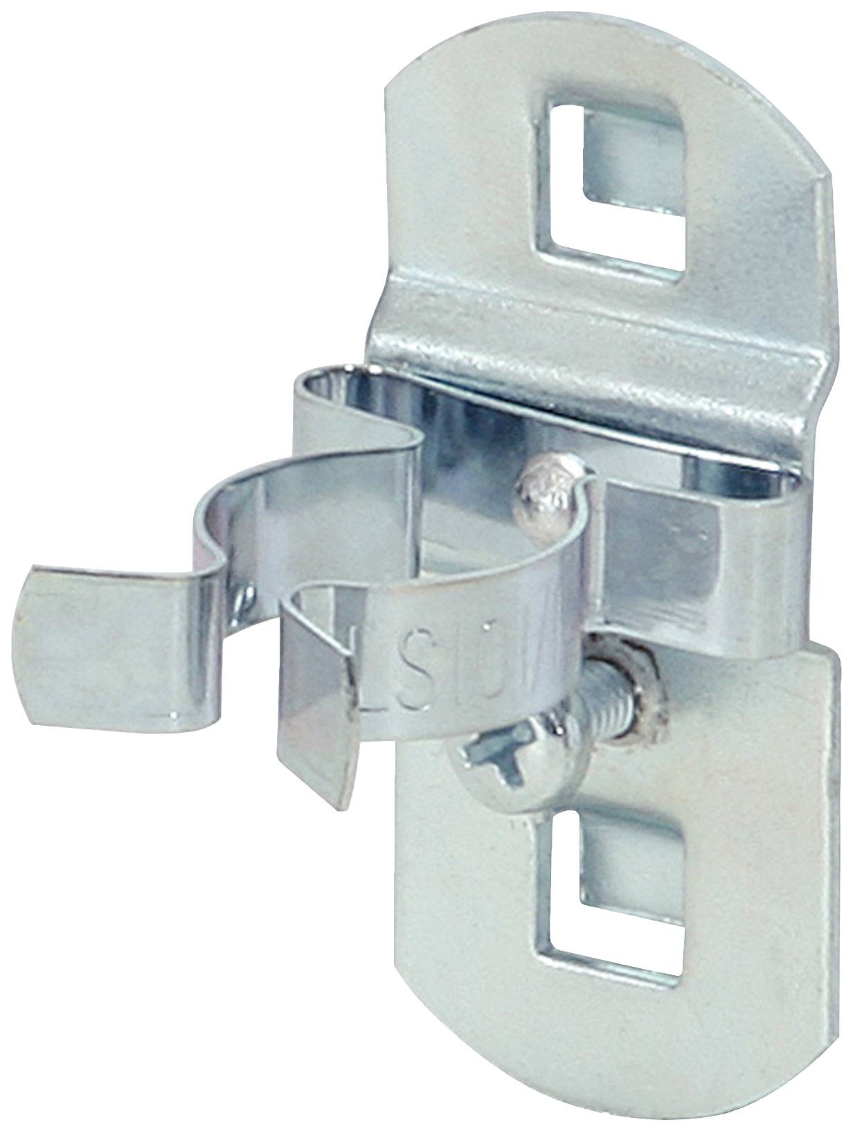 Metallische Rohrschelle mit verstellbarem Schraubmechanismus, an einer rechteckigen Befestigungsplatte montiert.