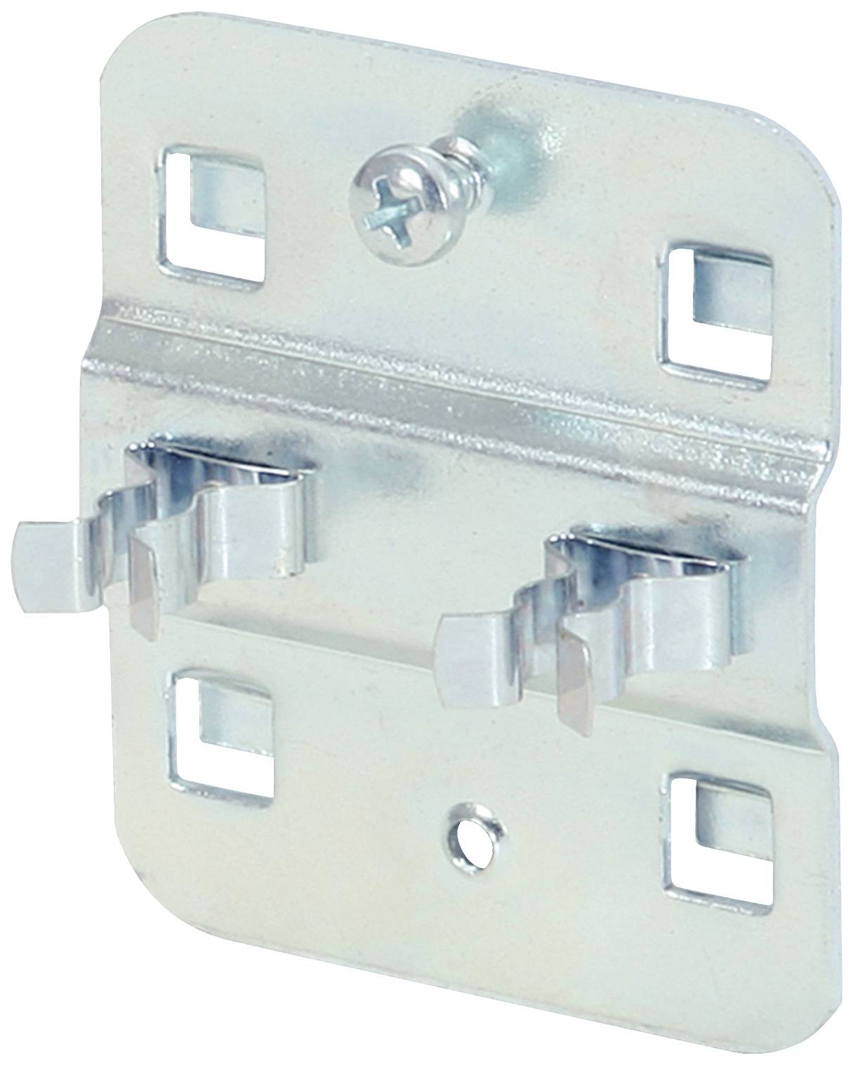 Metallwinkel mit vier rechteckigen Befestigungslöchern und einem kleinen mittleren Loch. Zwei Metallklammern zum Fixieren von Gegenständen.