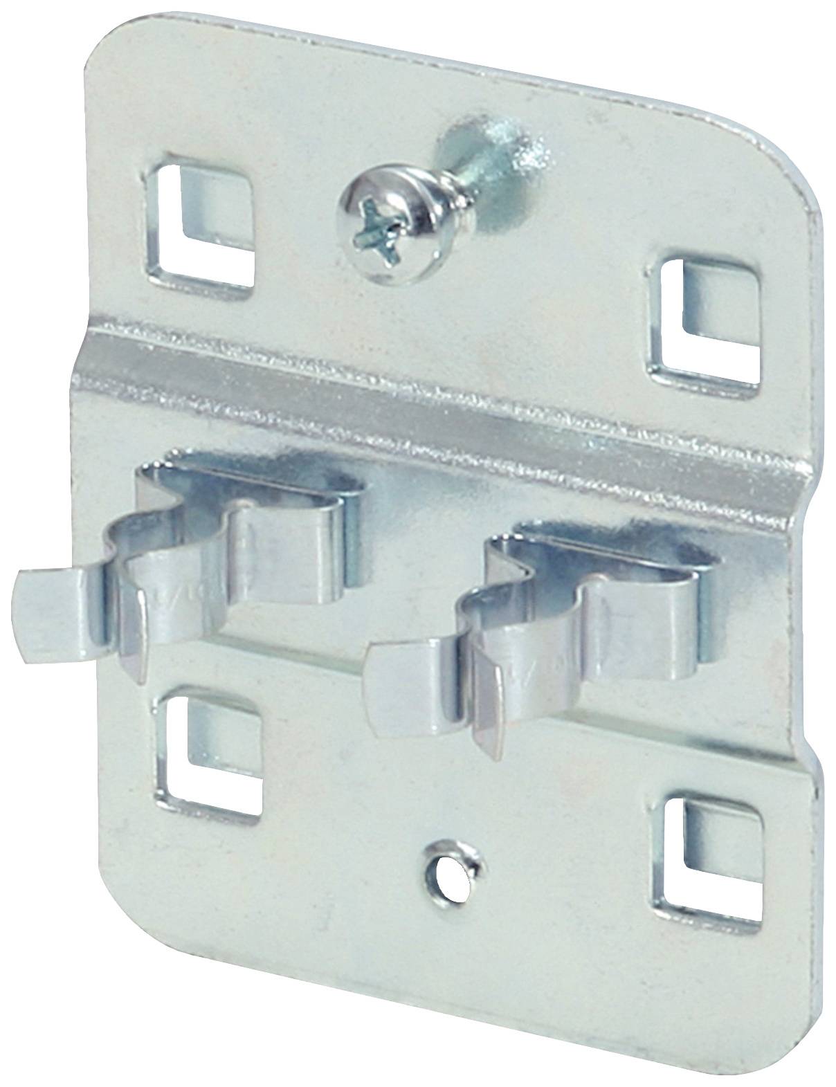 Metallwinkel mit Schraubenloch in der Mitte, vier rechteckige Öffnungen an den Ecken und zwei gebogene Befestigungselemente.