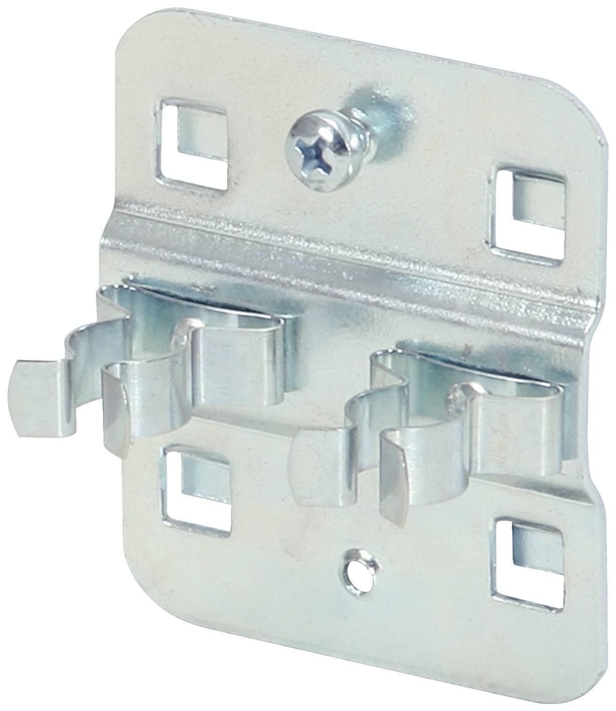 Metallhalterung mit Schraubbefestigung zur Wandmontage, mit zwei Haken in der Mitte, geeignet zur sicheren Befestigung von Gegenständen.