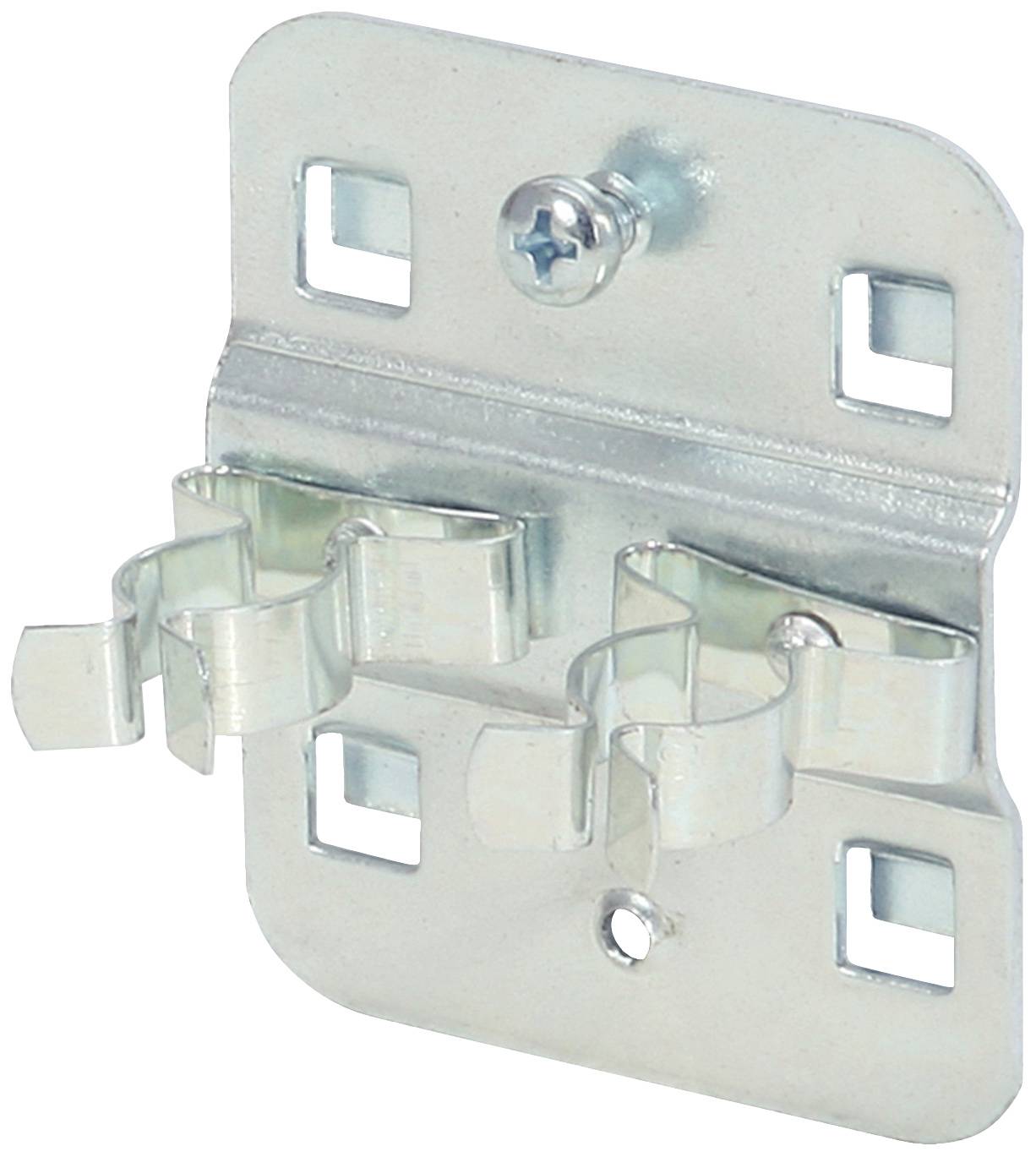 Metallhalterung mit zwei flexiblen Klammern und einem Schraubenloch zur Wandbefestigung. Geeignet für Besenstiele oder Werkzeuge.