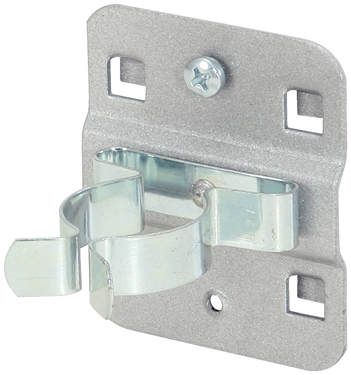 Metallhalterung an einer Wandplatte mit Schrauben befestigt, geeignet zur Aufbewahrung von Werkzeugen oder Kehrgeräten.