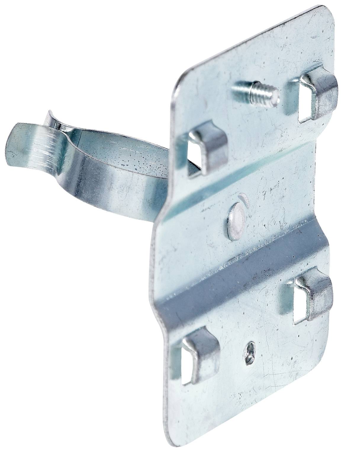 Einzelner Metallhalter mit Clips und Befestigungslöchern, geeignet zur Montage in Bauprojekten.