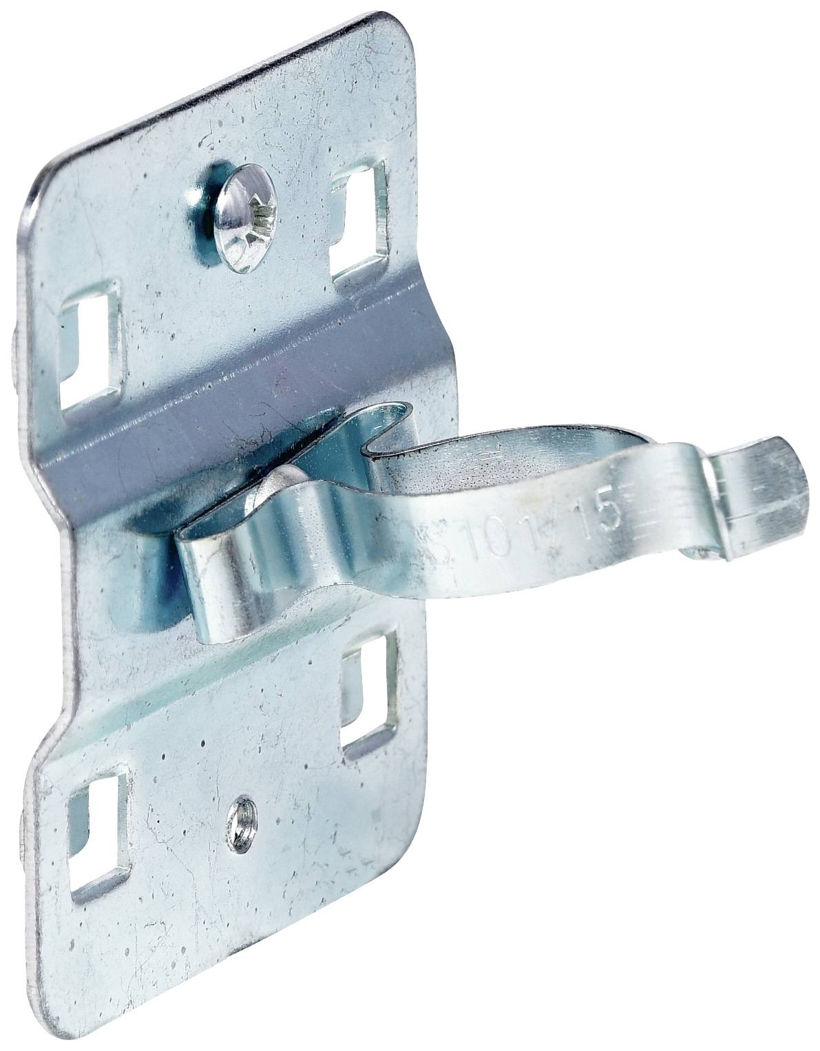 Metallwinkelhalterung mit einem flexiblen, gewundenen Band zur Befestigung an einer Platte. Geeignet für Montagezwecke.