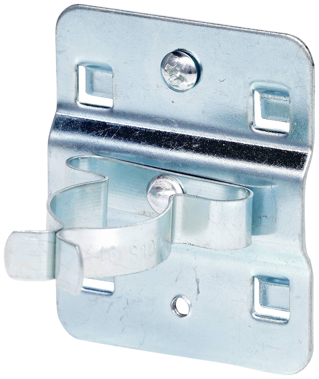 Metallhalterung mit zwei Schraublöchern, geeignet zur Wandmontage. Enthält eine Klemme zur Befestigung eines Werkzeugs oder Objekts.