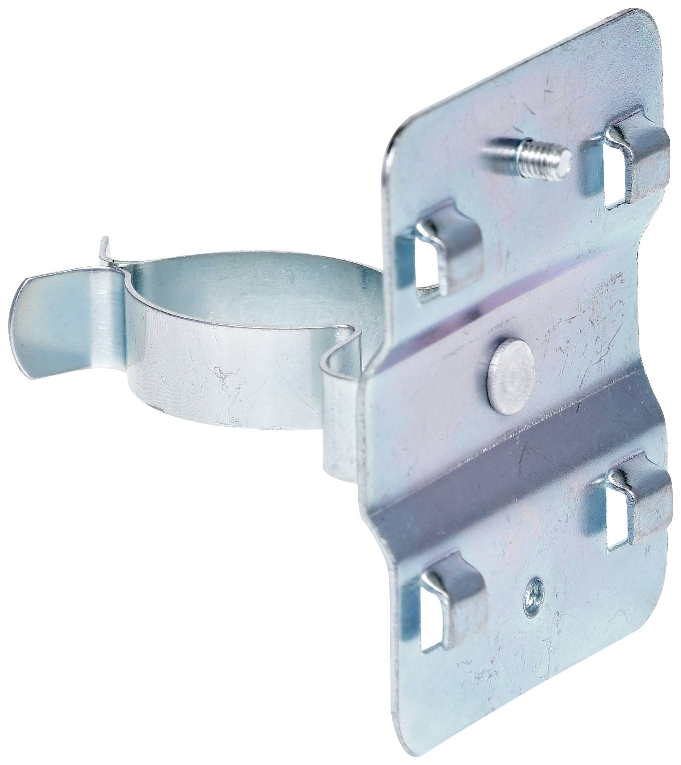 Metallhalterung mit Schraubenelementen zur Befestigung, bestehend aus einer quadratischen Platte und einem kreisförmigen Klemmbereich.