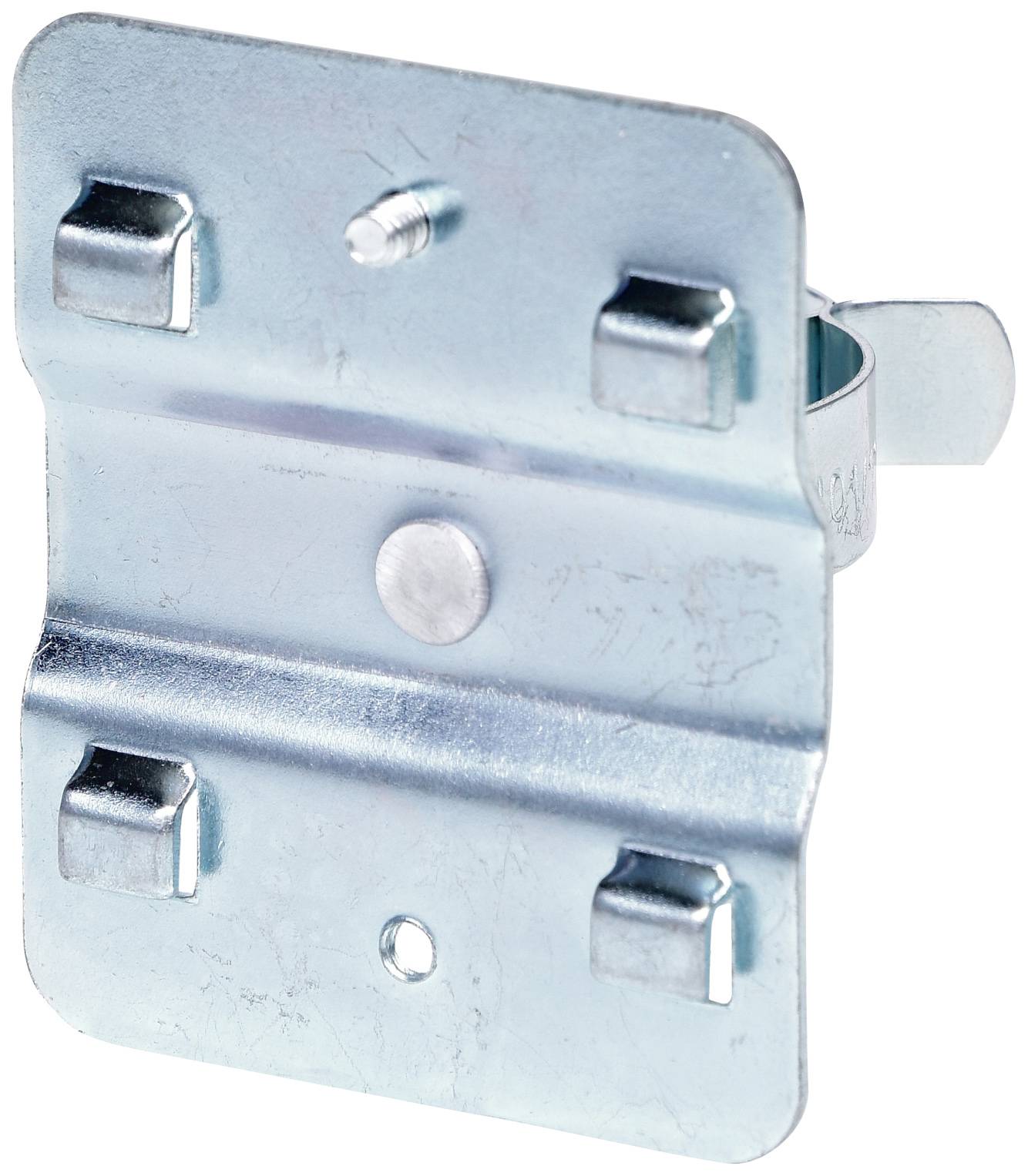Metallhalterung mit vier abgerundeten Haken und zentralem Loch, vermutlich zur Befestigung an einer Oberfläche.