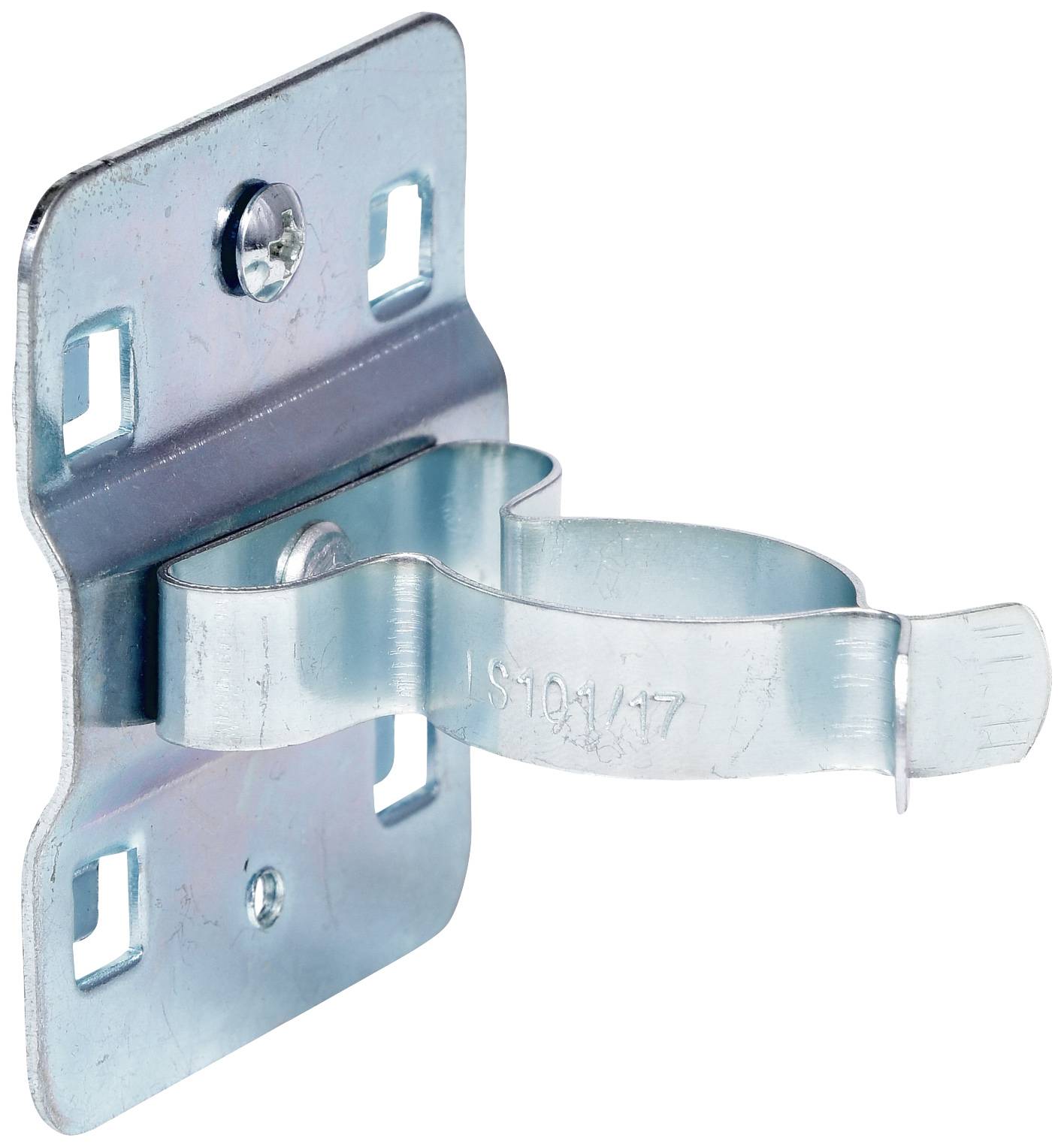 Metallhalterung mit Schraubenlöchern und einer Halteschlaufe, geeignet zur Wandmontage von Werkzeugen oder Kabeln.