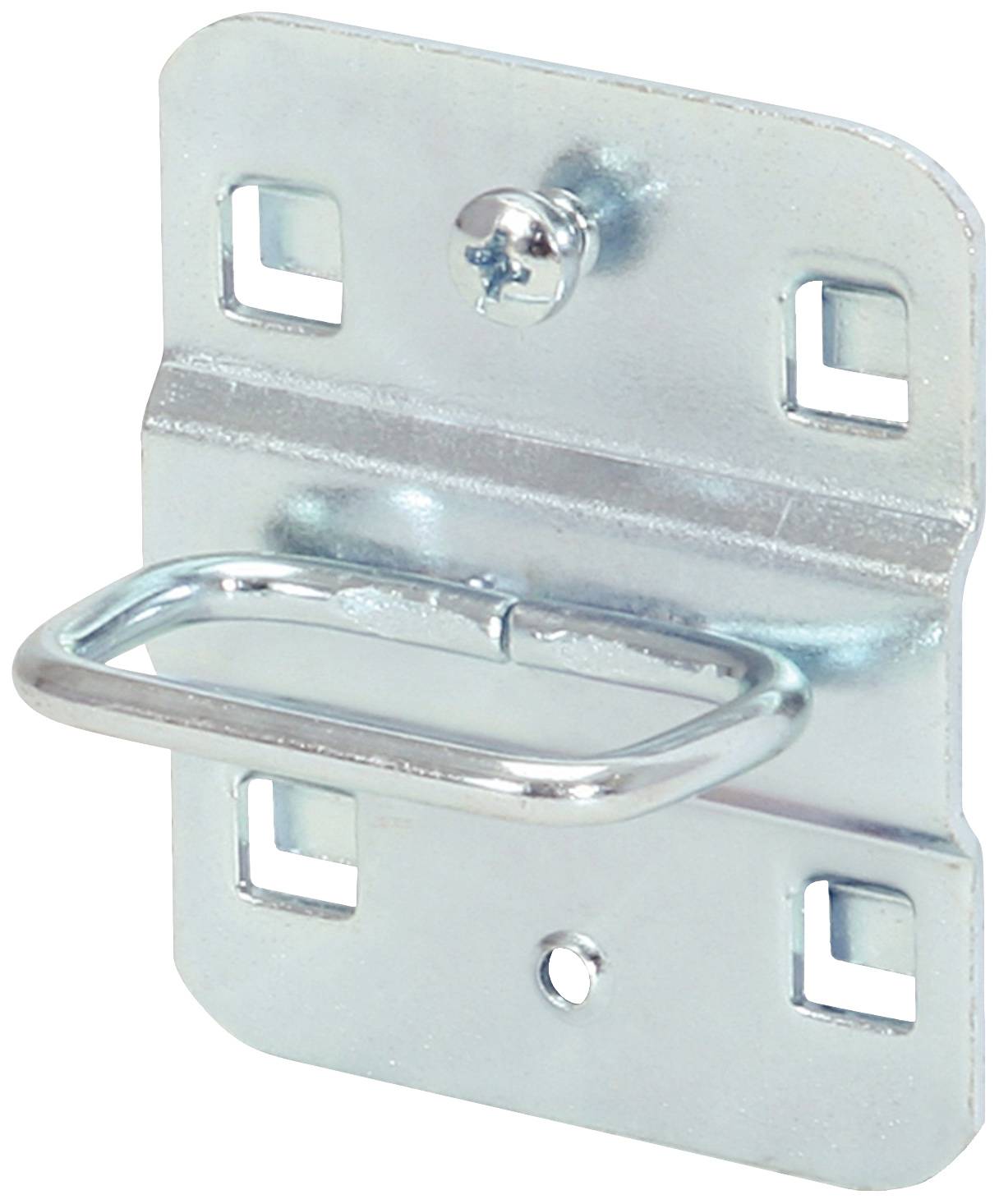 Metallwinkelhalterung mit rechteckiger Grundplatte, vier rechteckigen Löchern zur Befestigung und einem befestigten Metallbügel.